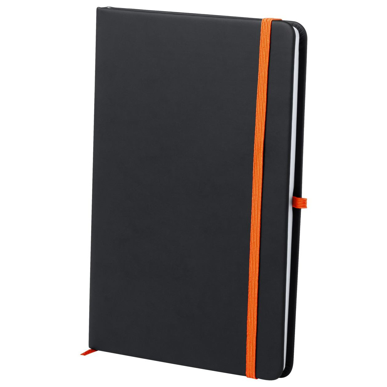 Bloc notes con copertina in similpelle nera ed elastico arancione