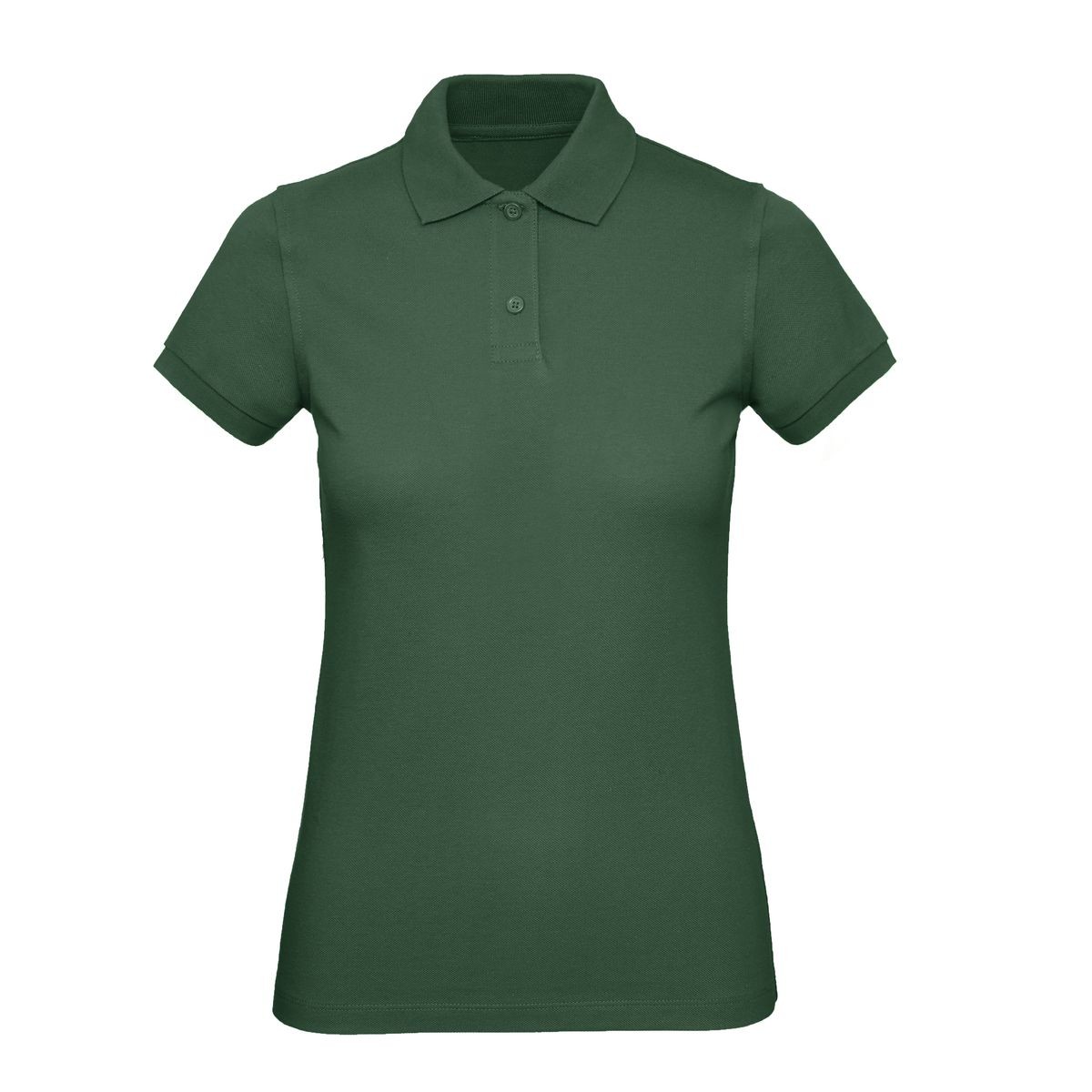 Polo donna verde bottiglia manica corta con 2 bottoni su sfondo bianco