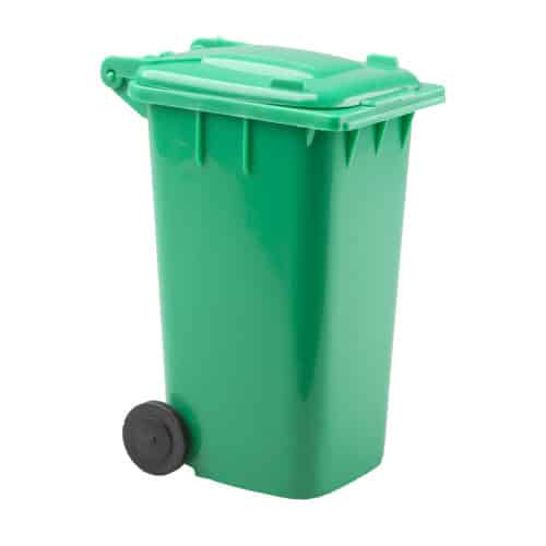 Portapenne verde in plastica a forma di pattumiera