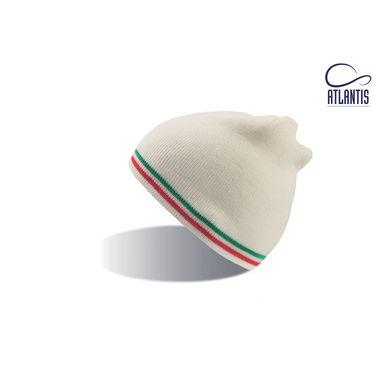 Berretto a maglia bianco senza risvolto con fascia tricolore su sfondo bianco
