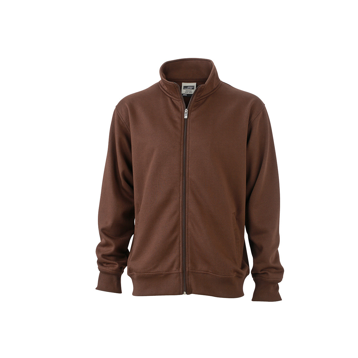Felpa unisex marrone collo alto con girovita e polsini in costina elastica su sfondo bianco