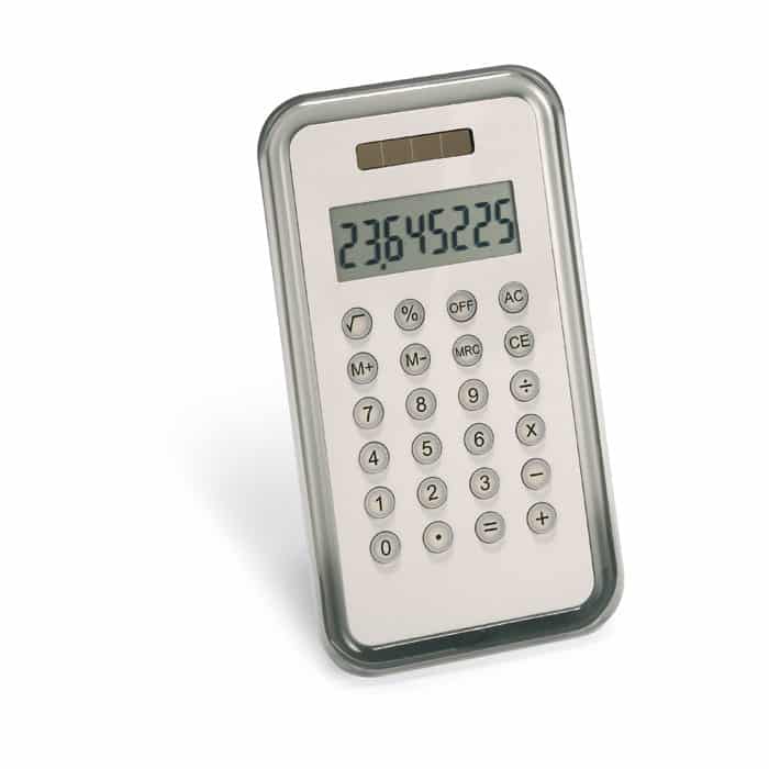 Calcolatrice bianca e grigia in metallo e plastica