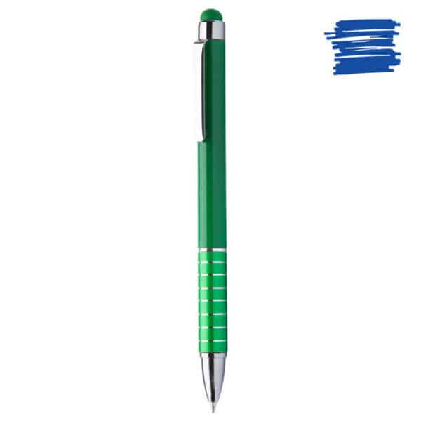 Penna a sfera in plastica verde con dettagli in alluminio e puntatore touch