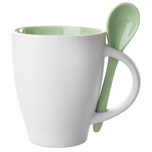 Tazza bianca con interno e cucchiaio verde