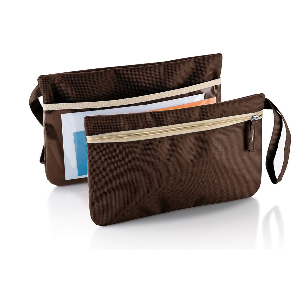 Porta documenti marrone con tasca posteriore trasparente e zip