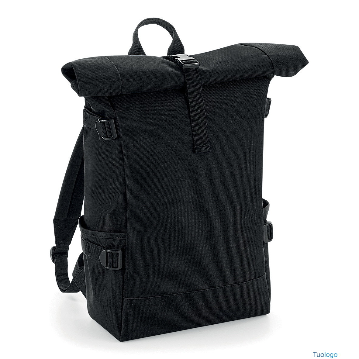 Borsa zaino porta computer nero con tasche laterali su sfondo bianco