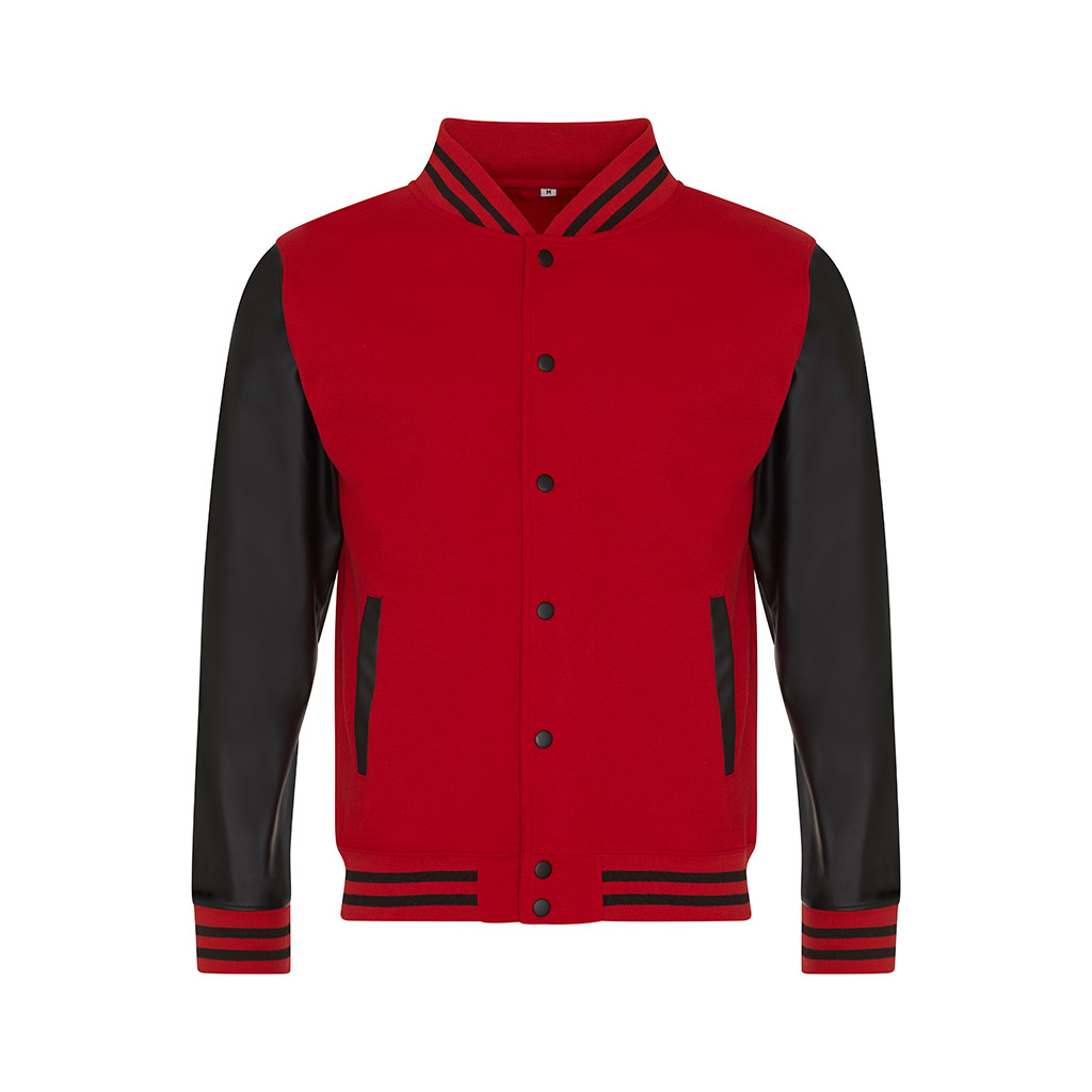 Felpa baseball rossa con maniche in pelle sintetica nera e bottoni automatici neri