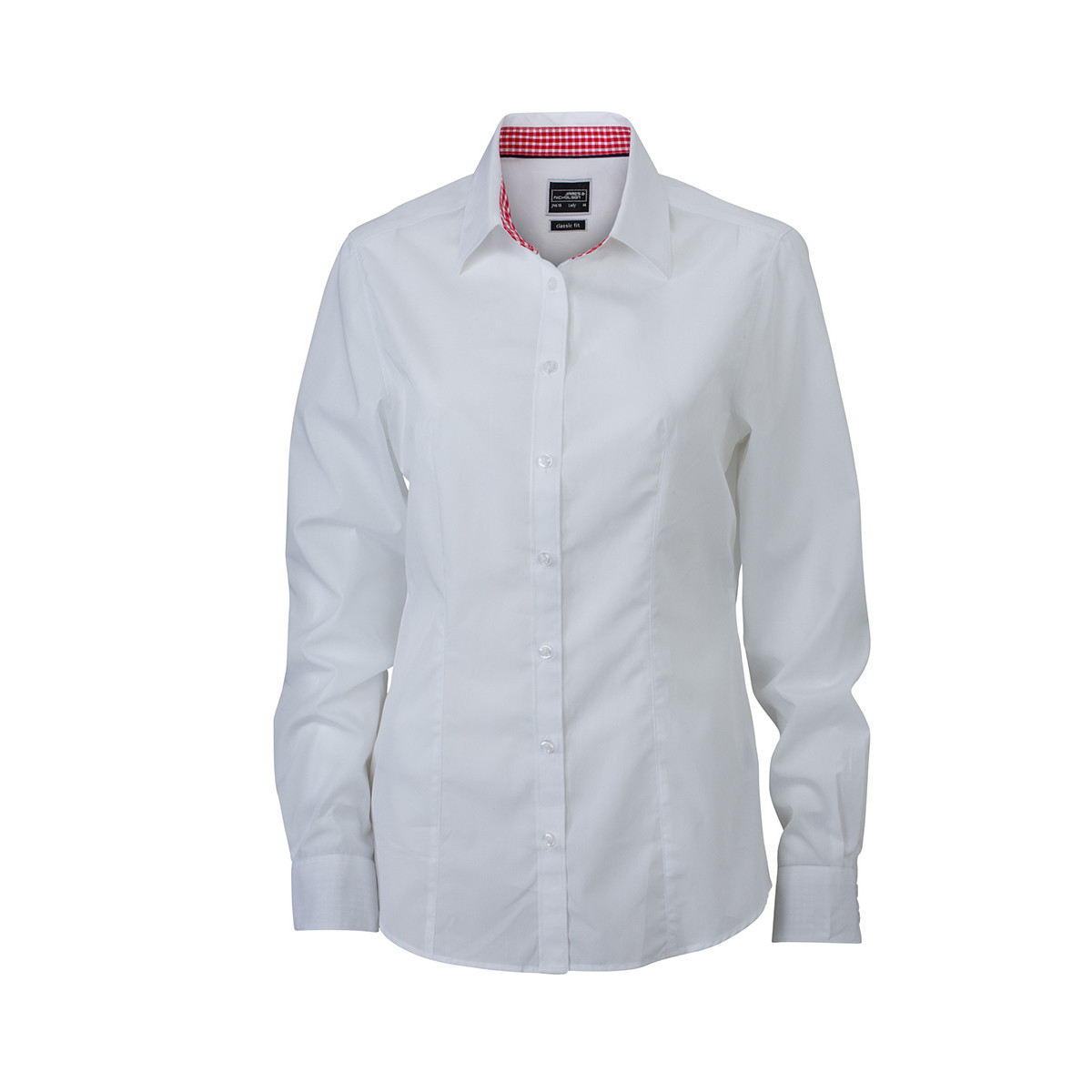 Camicia da donna bianca con bottoni bianchi, dettagli collo quadretti bianco rosso