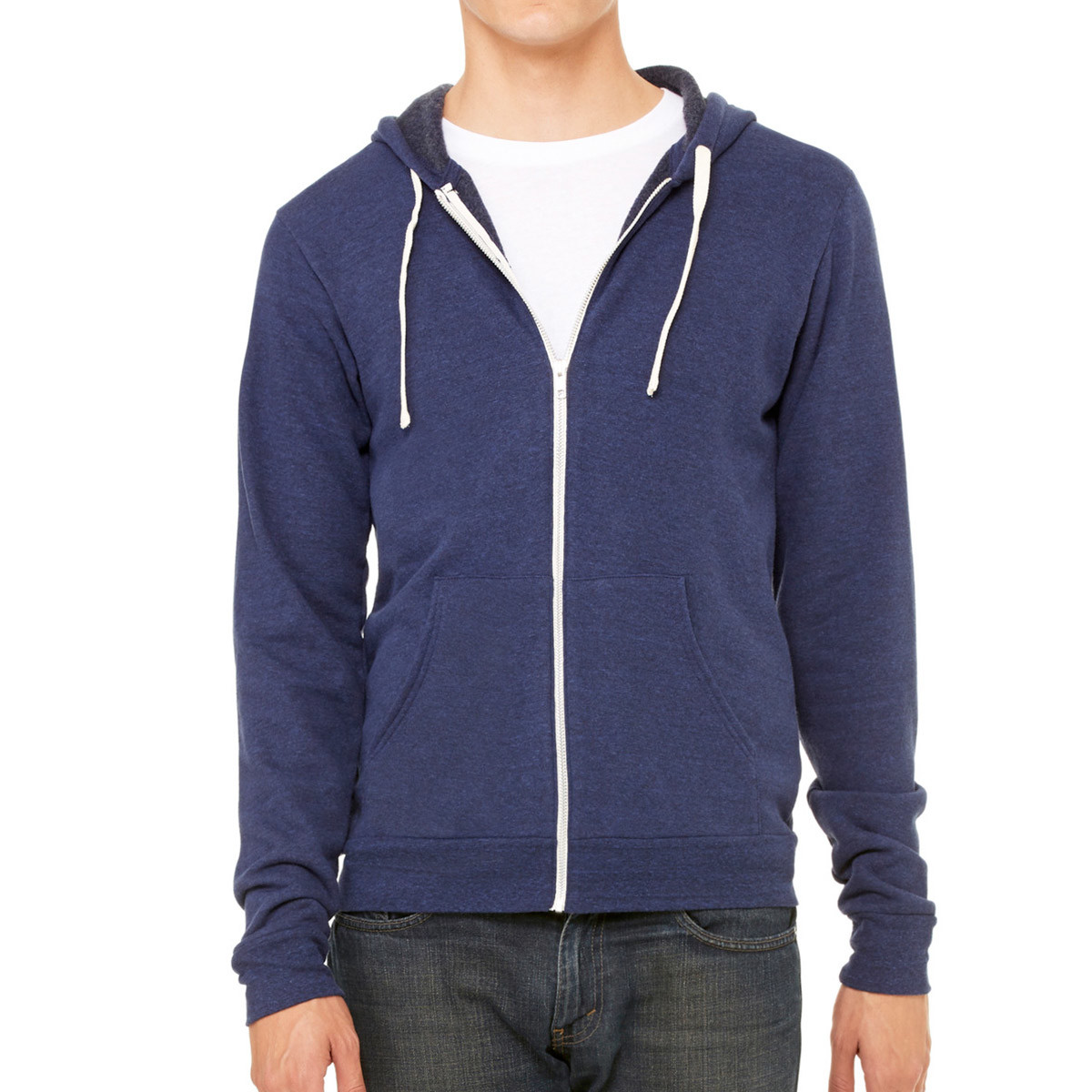 Felpa blu in poliestere con cappuccio, zip e cordini