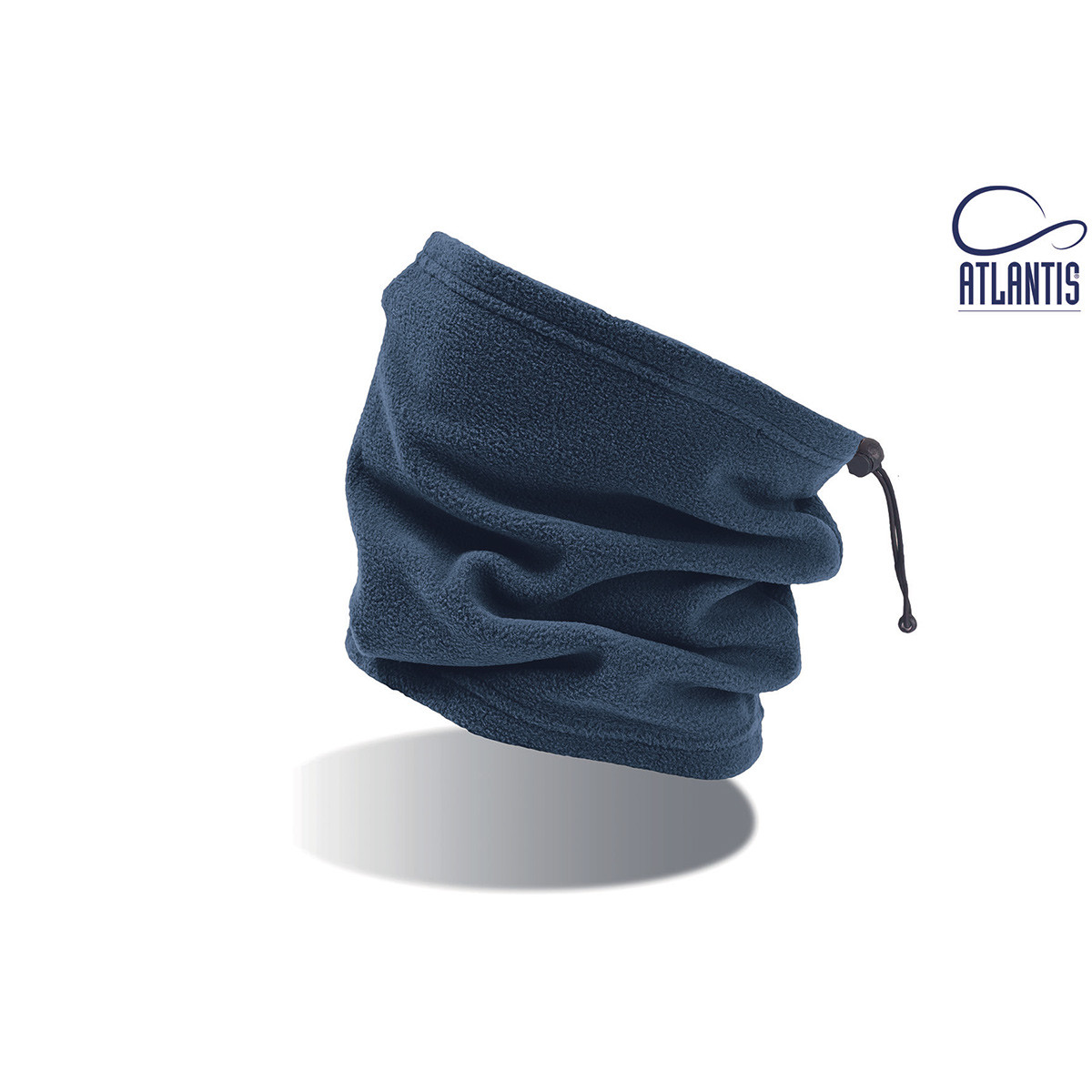 Fascia di pile blu navy con cordino nero su sfondo bianco