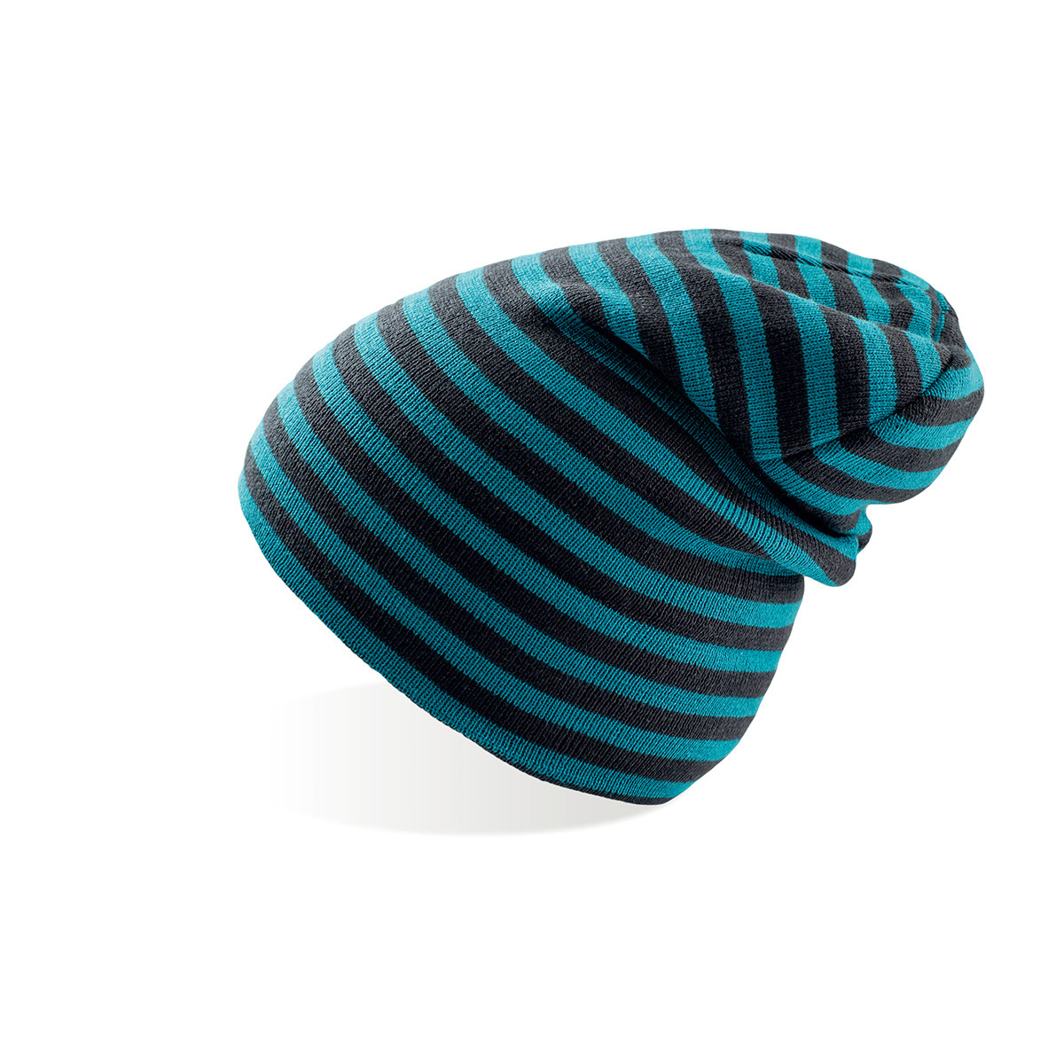 Berretto a maglia a righe petrolio nero su sfondo bianco