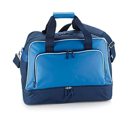 Borsone blu da palestra con ampia tasca frontale, doppio fondo e zip