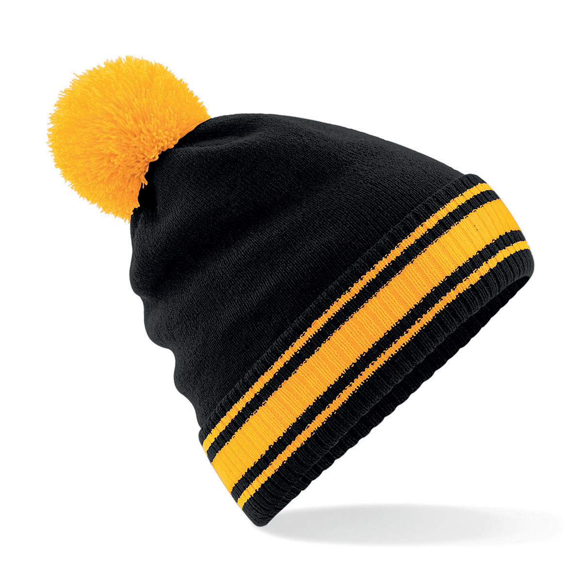 Berretto a maglia con rivolto e pon pon a contrasto giallo nero