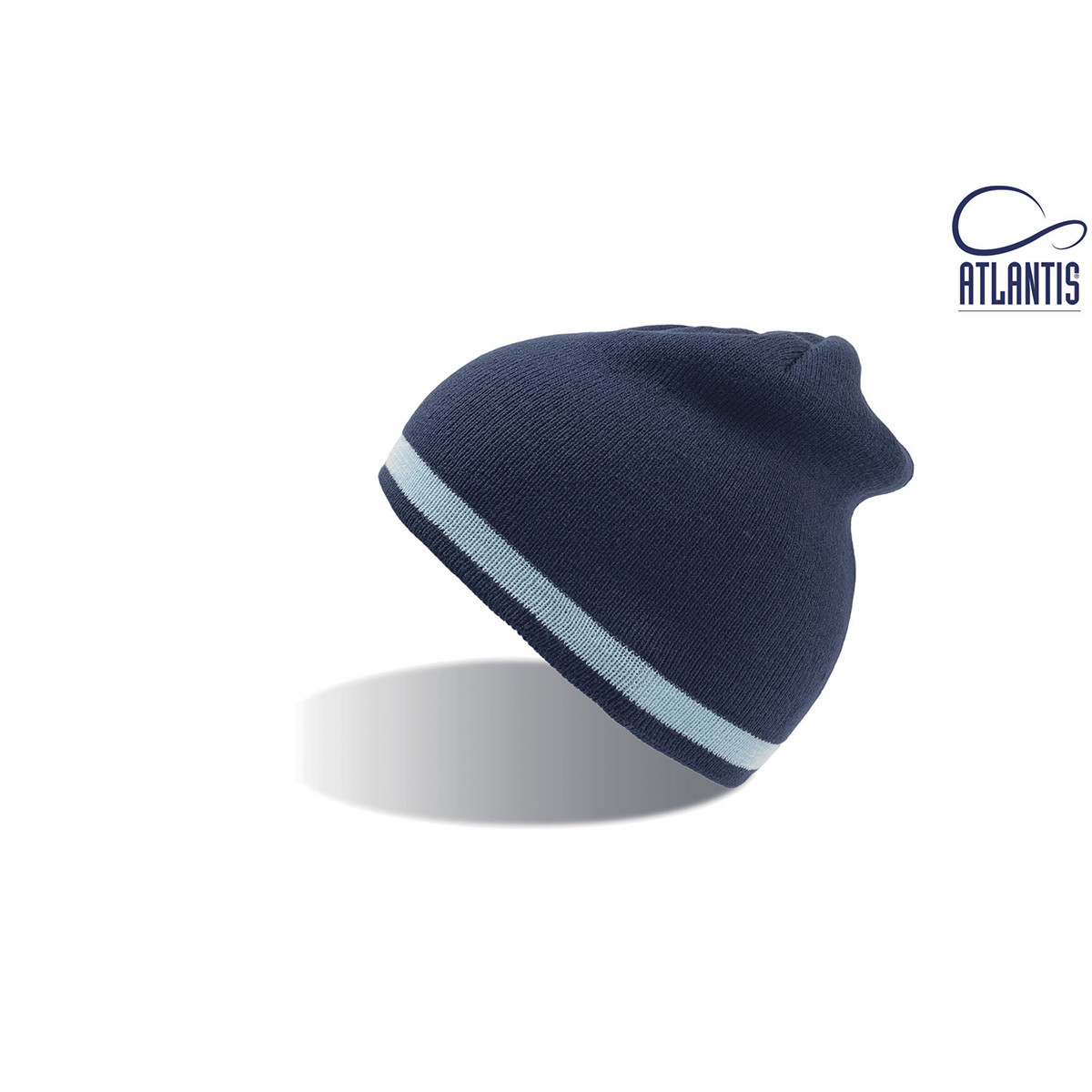 Berretto a maglia nero senza risvolto con fascia contrasto azzurra su sfondo bianco