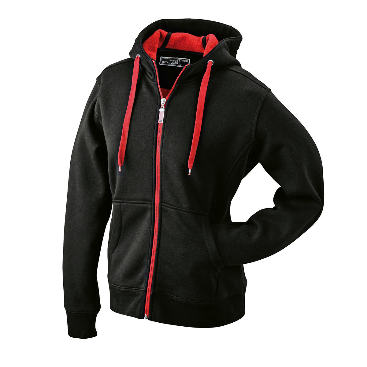 Felpa nera con interno rossa con cappuccio, zip, cordino e tasche a marsupio