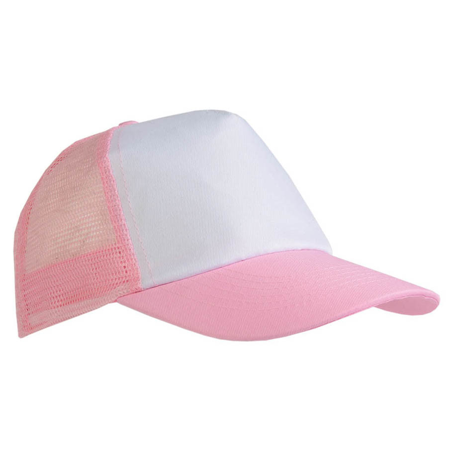 Cappellini in poliestere con pannello frontale bianco e con retro in rete e visiera rosa