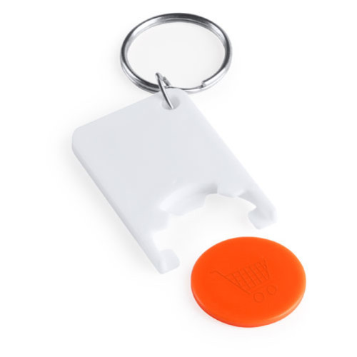 Portachiavi in plastica bianca con gettone arancione e anello in metallo
