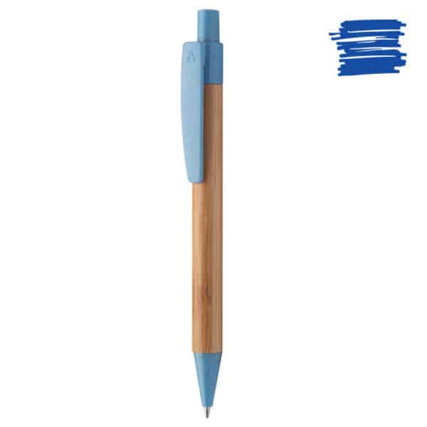 Penna a sfera in bamboo con clip e puntale in plastica ecologica azzurra