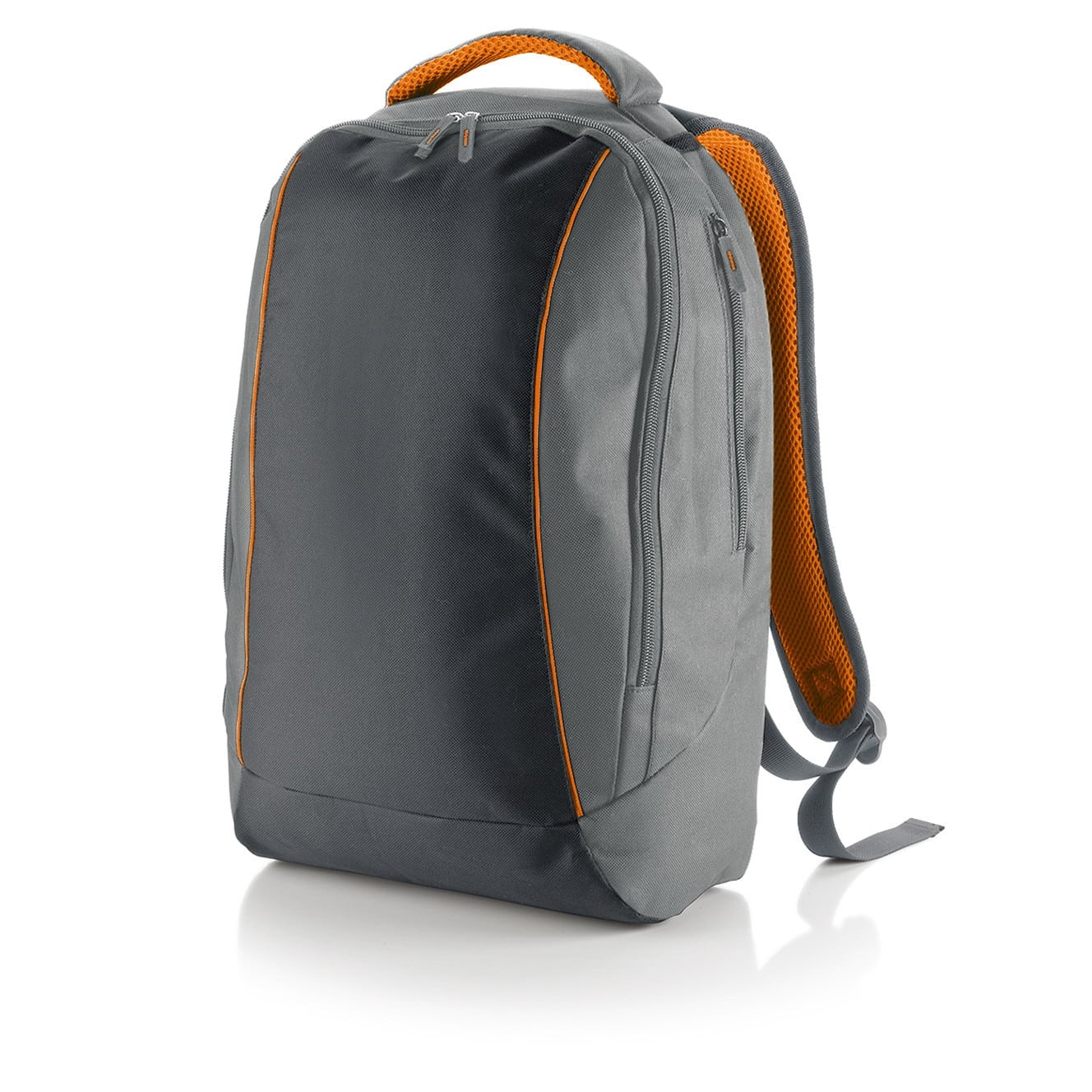 Zaino grigio e arancione porta computer con comparto centrale accessoriato e tasca frontale con zip