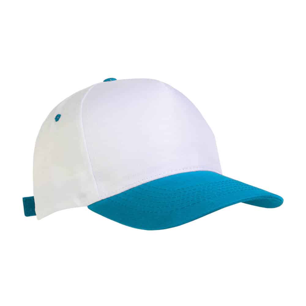 Cappellino in poliestere bianco e azzurro con chiusura in velcro