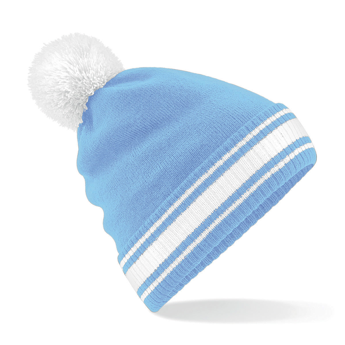 Berretto a maglia con rivolto e pon pon a contrasto azzurro bianco