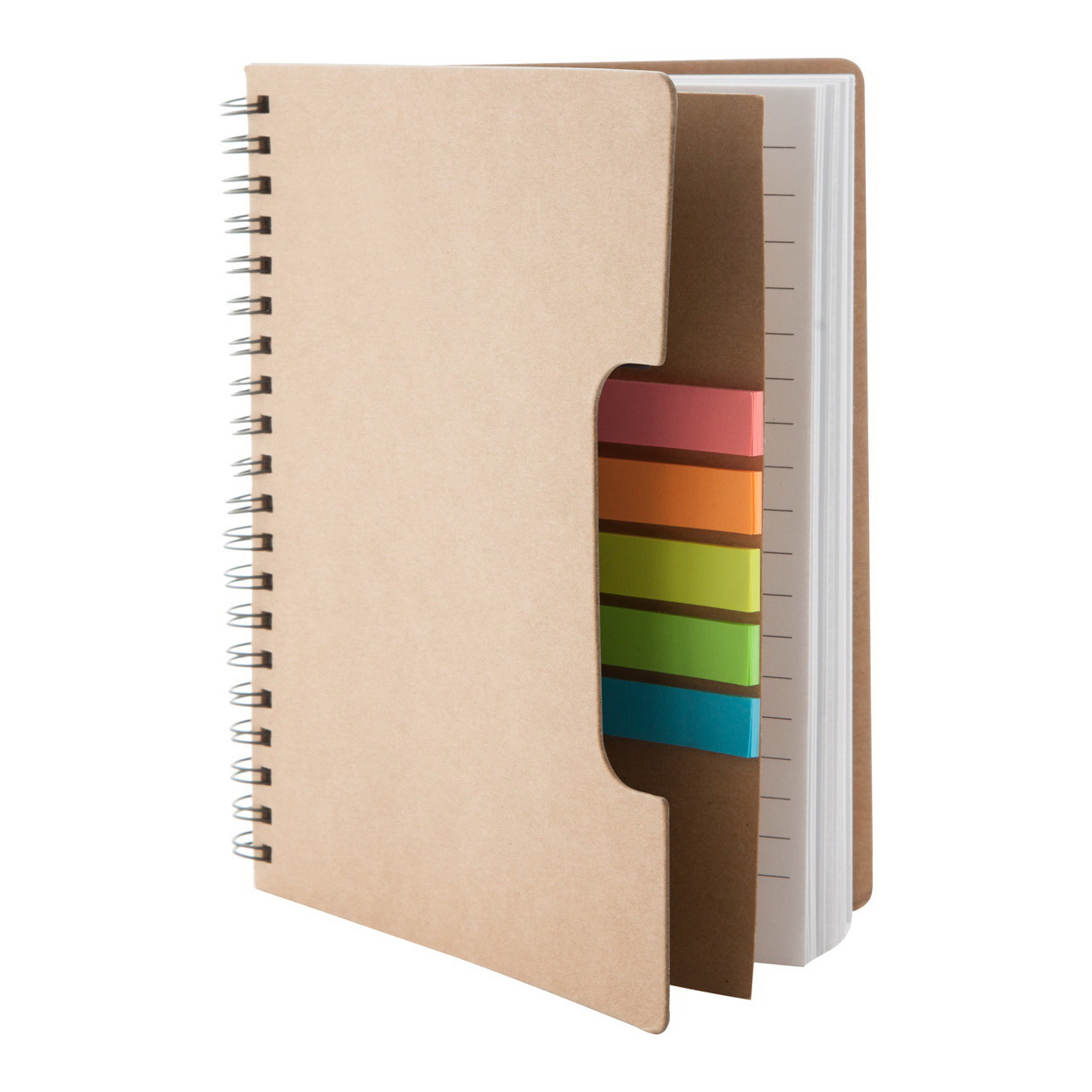 Blocnotes in cartoncino riciclato con spirale, notes adesivi di diversi colori e penna