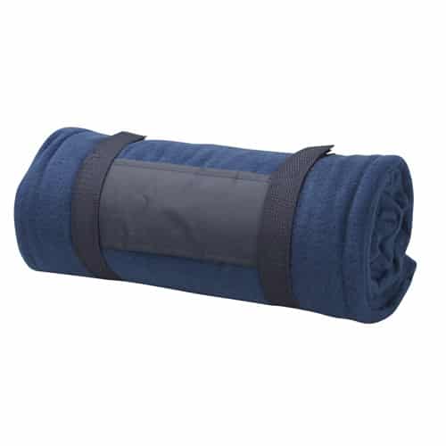 Coperta in pile blu con tracolla in velcro