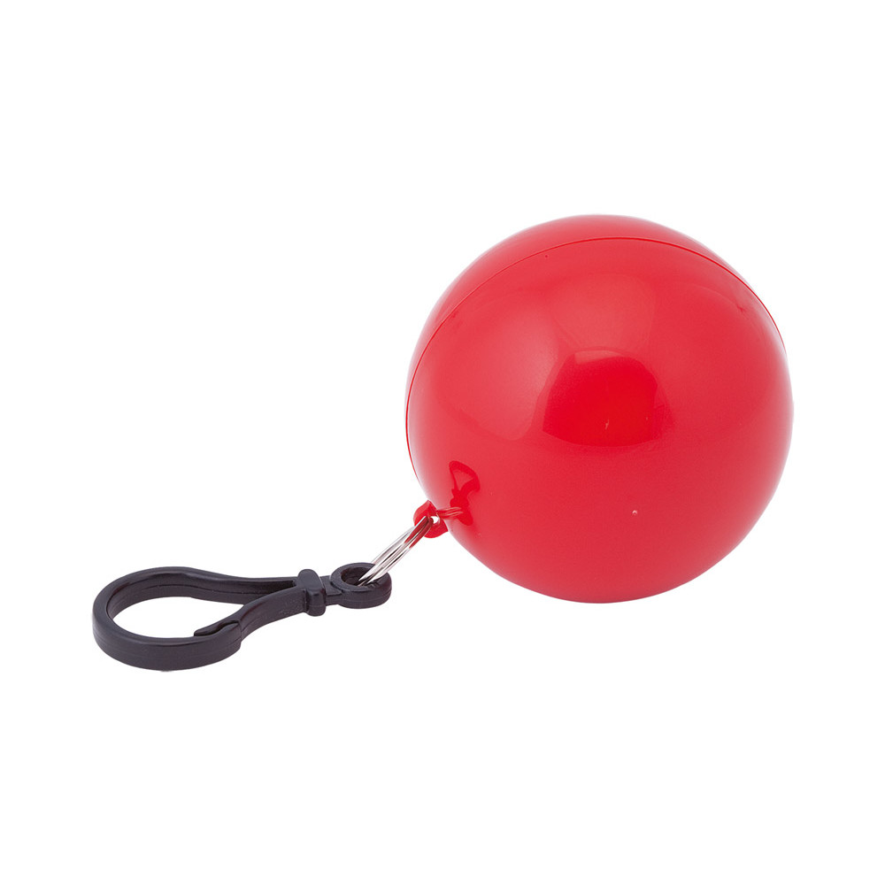 Impermeabile con portachiavi e moschettone ripiegato in pallina di plastica rossa