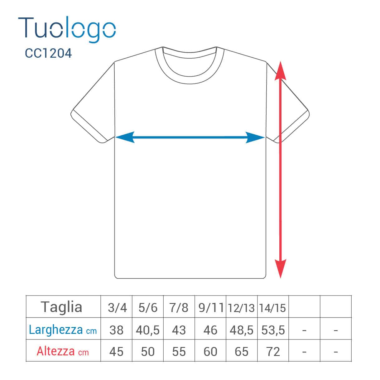 Schema delle tshirt bambino con misure in cm riferite alle taglie