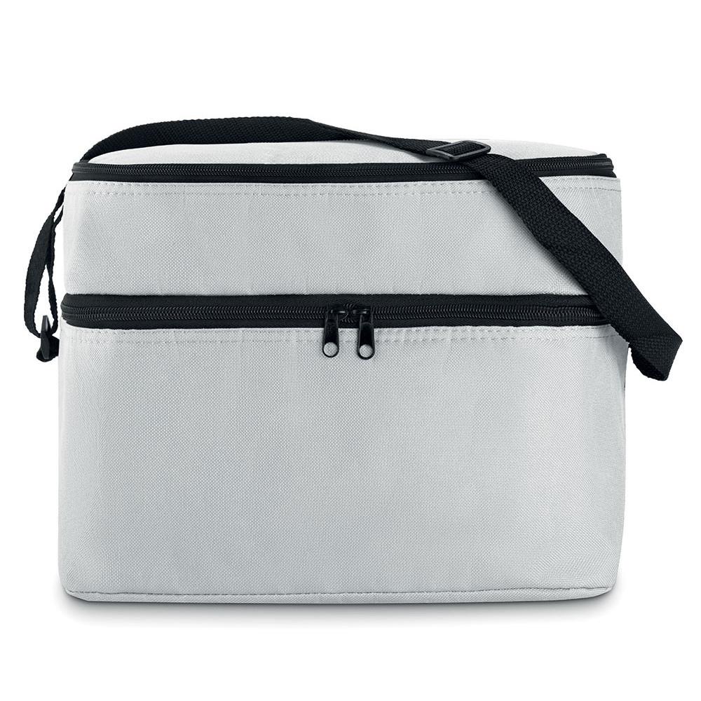 Borsa frigo bianca con due comparti, chiusura a zip e tracolla regolabile