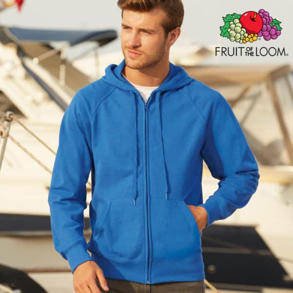 Uomo con felpa blu in cotone con cappuccio e zip