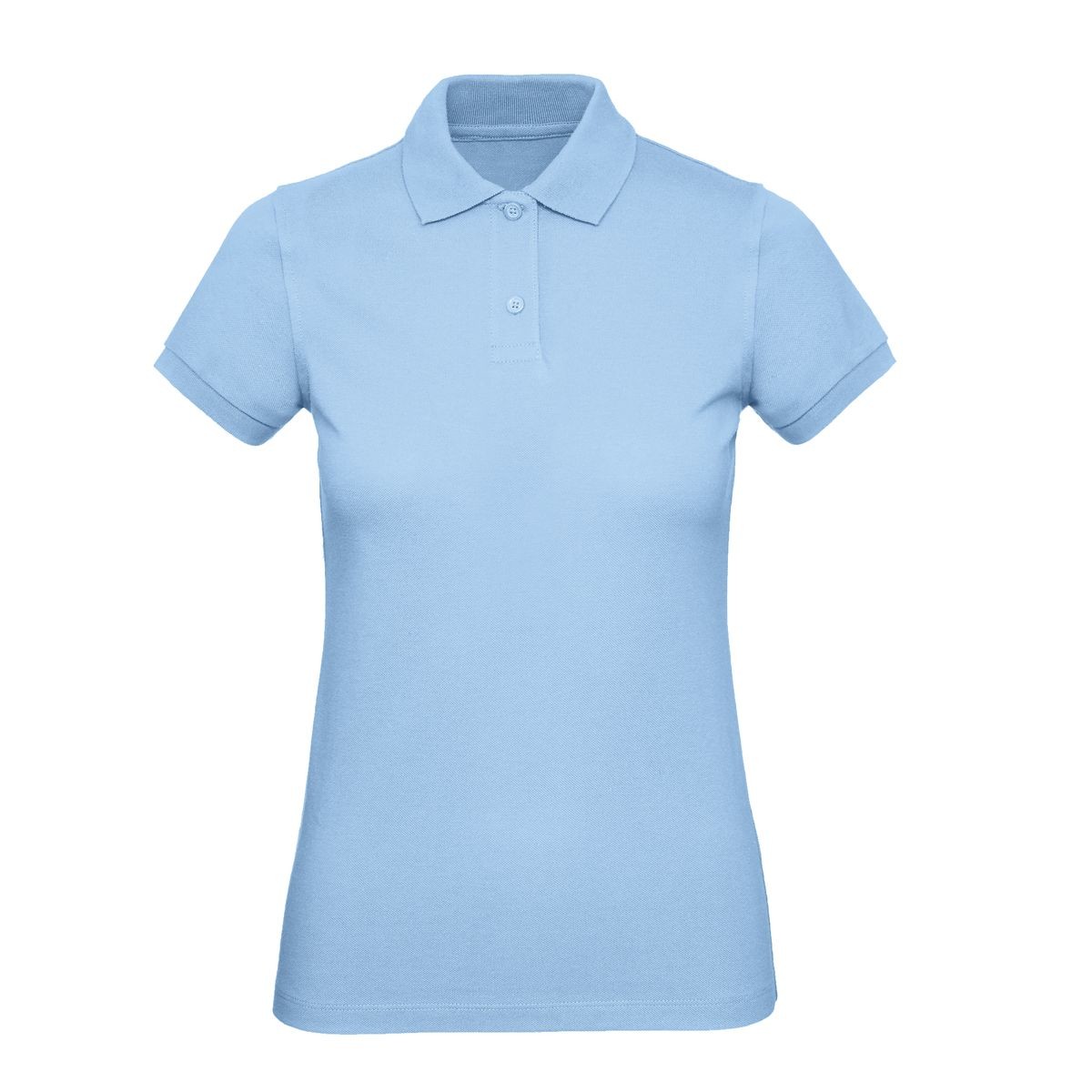 Polo donna azzurra manica corta con 2 bottoni su sfondo bianco
