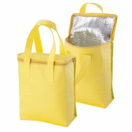 Borsa termica in tnt giallo rivestita in alluminio con chiusura zip