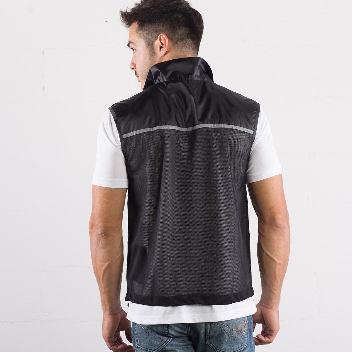 Retro gilet nero smanicato con catarinfrangenti davanti e dietro, zip e taschina interna 100% poliestere