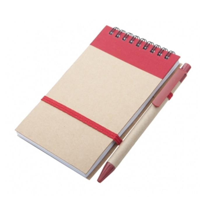 Blocnotes rosso con spirale e penna