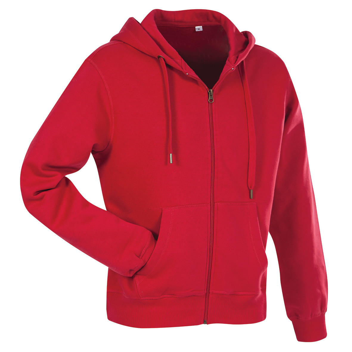 Felpa da uomo rossa scura in cotone con cappuccio, zip e due tasche a marsupio