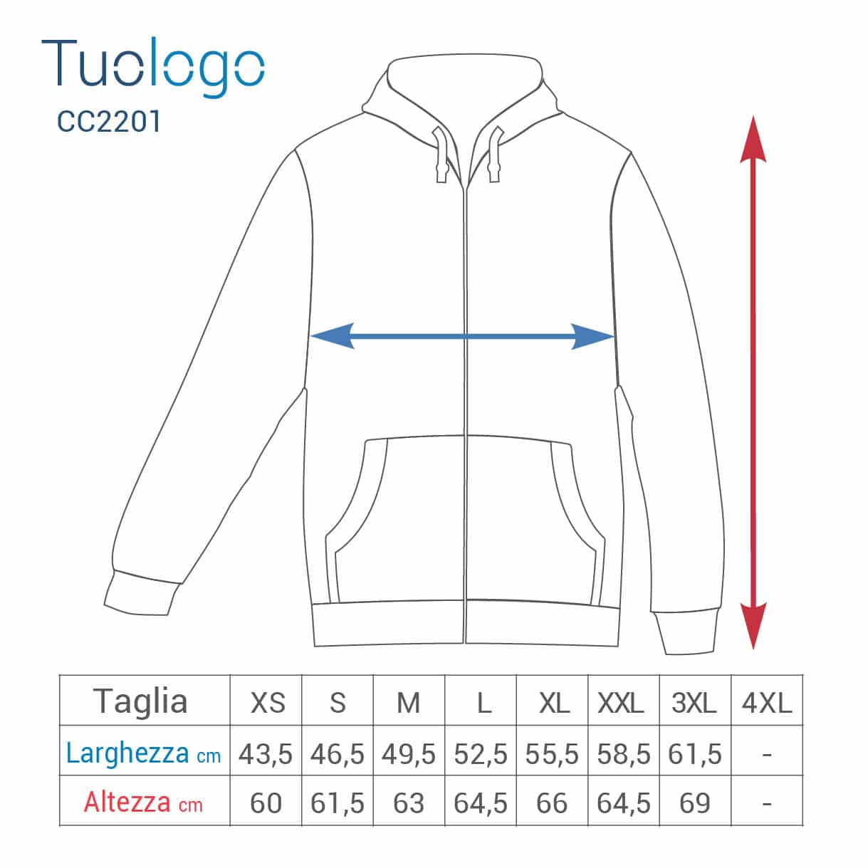 Tabella larghezza e lunghezza taglie del pile donna con zip lunga
