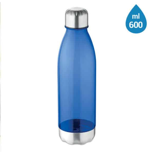 Bottiglia in tritan blu con tappo e base in acciaio inox