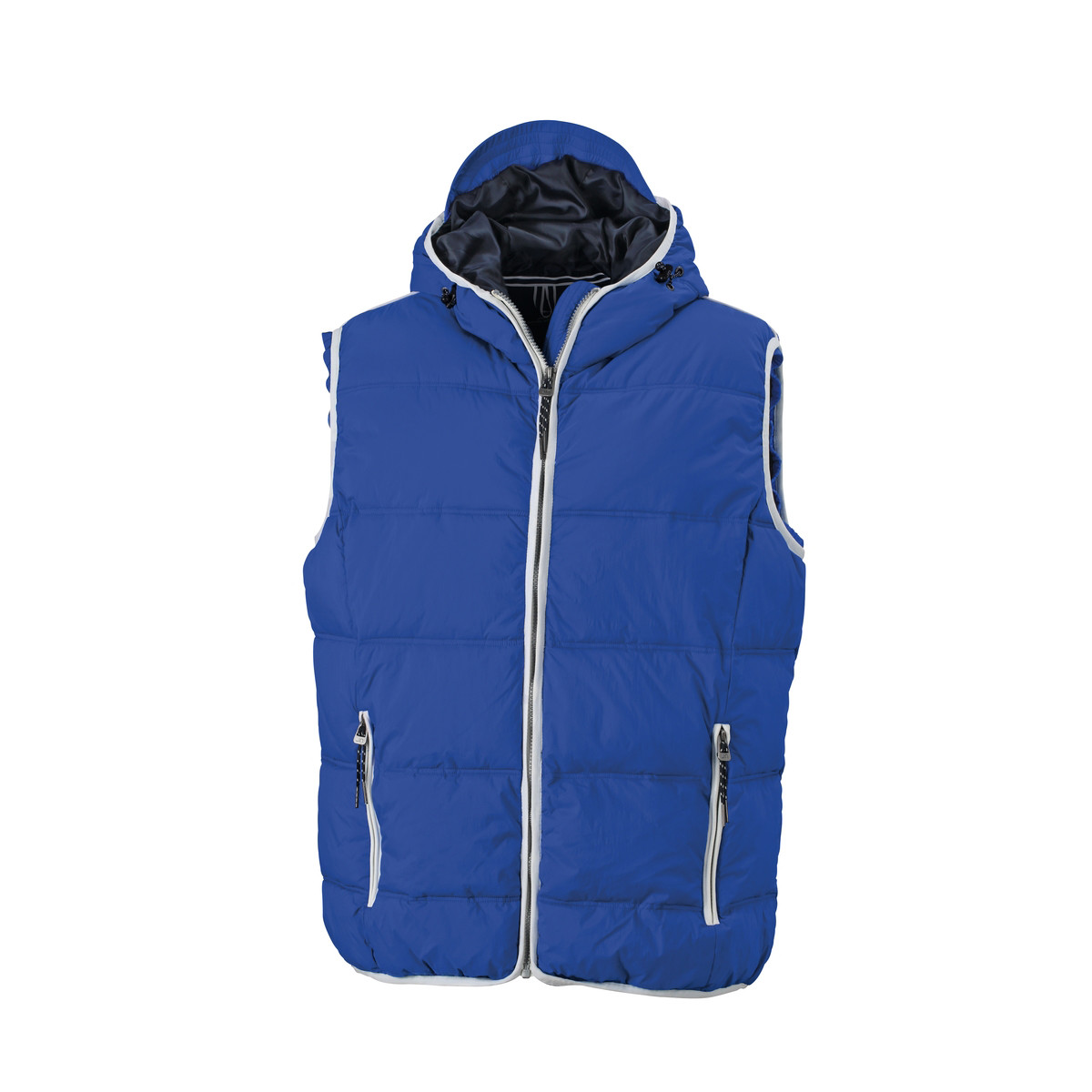 Smanicato blu antivento con cappuccio regolabilez due tasche frontali e taschino interno 100% poliammide