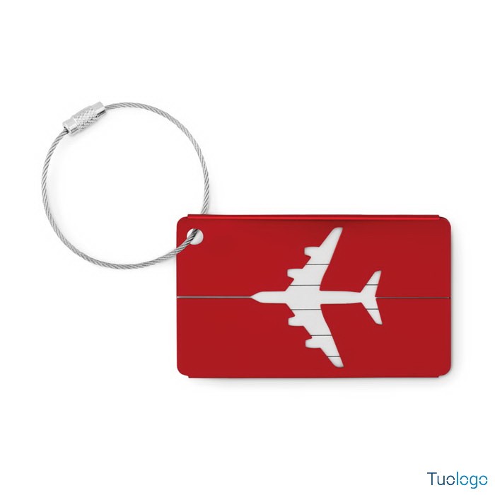 Etichetta bagaglio rettangolare rossa, con laccetto e con logo bianco aereo