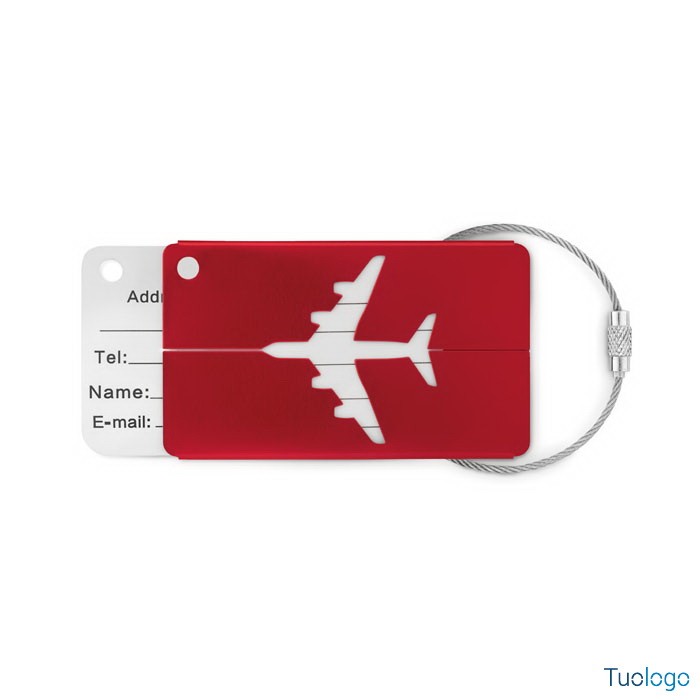 Etichetta bagaglio rettangolare rossa, con laccetto e con logo bianco aereo