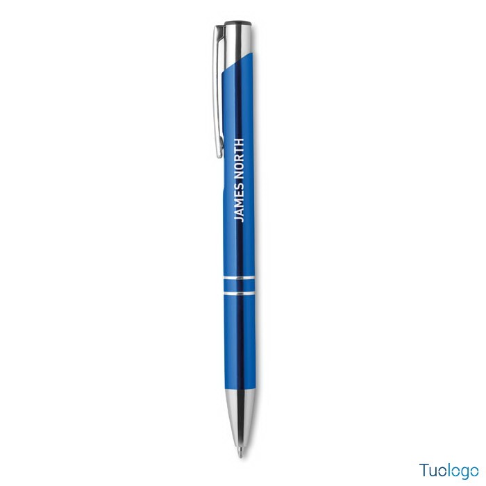 Penna in alluminio blu con logo bianco James North su sfondo bianco