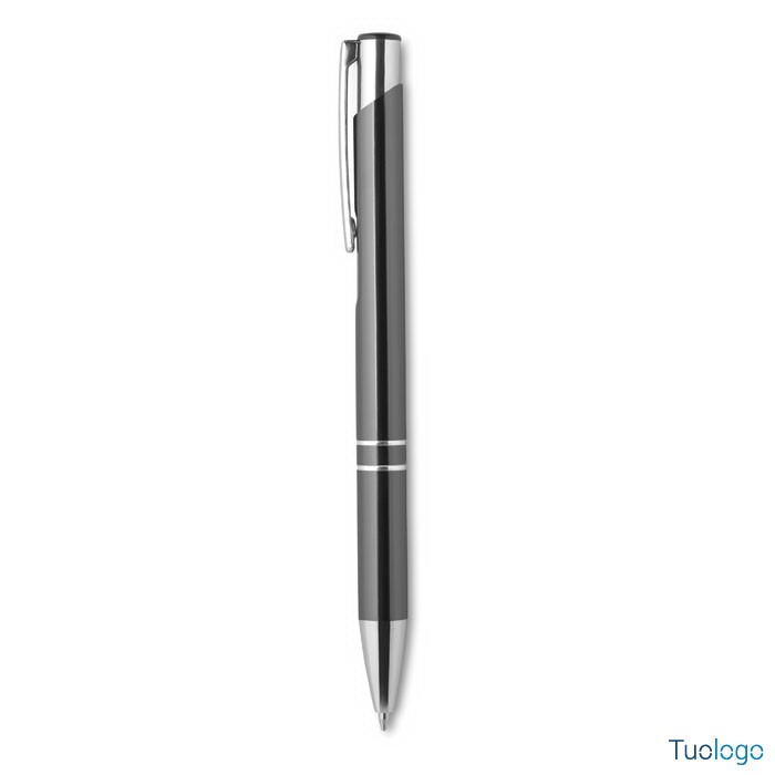 Penna in alluminio grigia su sfondo bianco