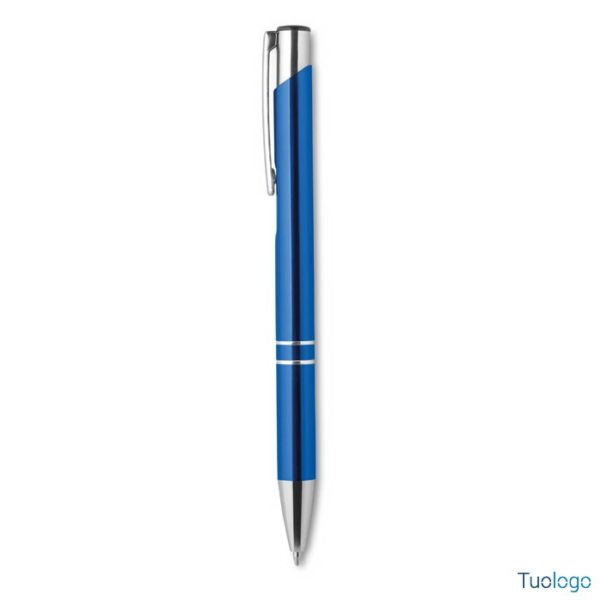 Penna in alluminio blu su sfondo bianco