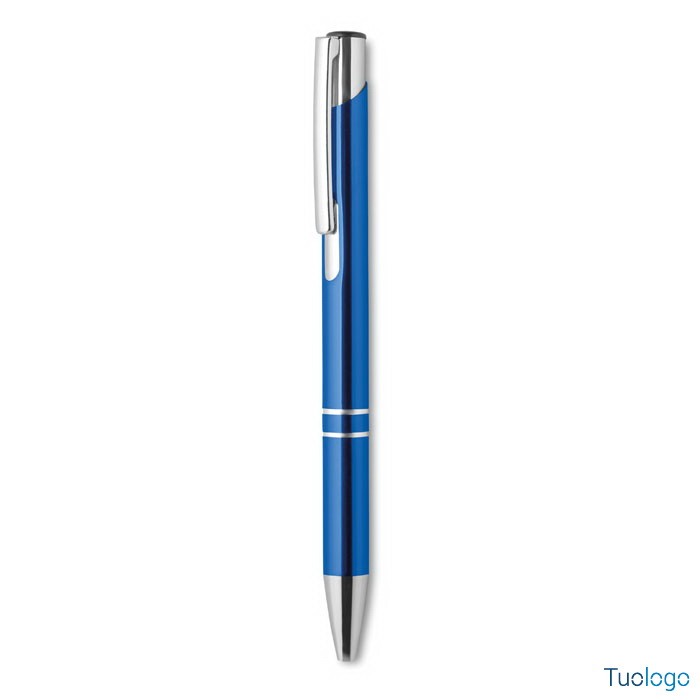 Penna in alluminio blu su sfondo bianco