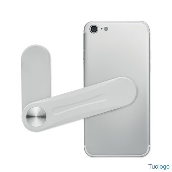 Porta telefono magnetico bianco con anello metallico, su sfondo bianco