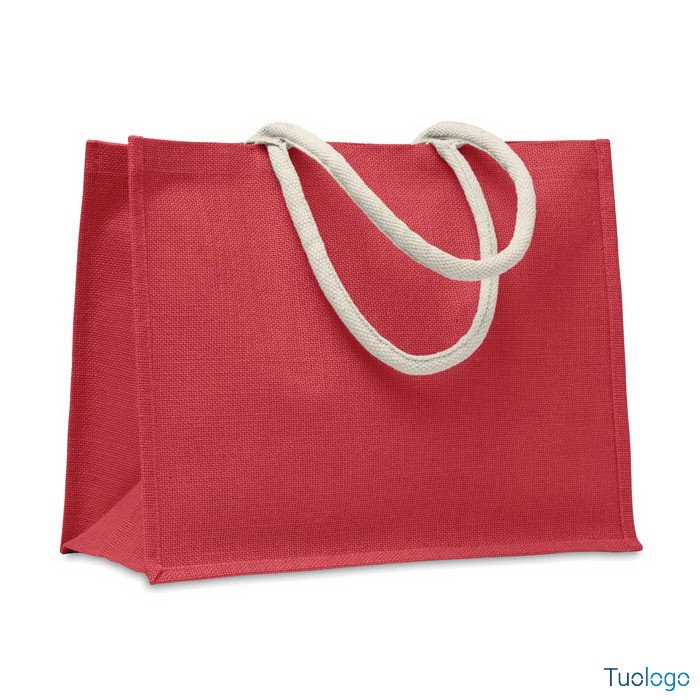 Shopper in juta rossa con manici corti bianchi