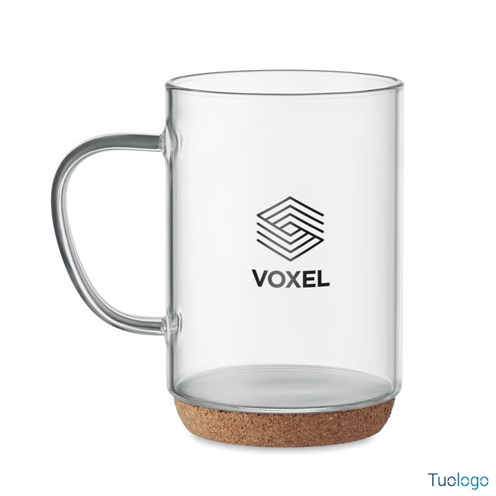 Tazza in vetro con logo nero con manico e base in sughero