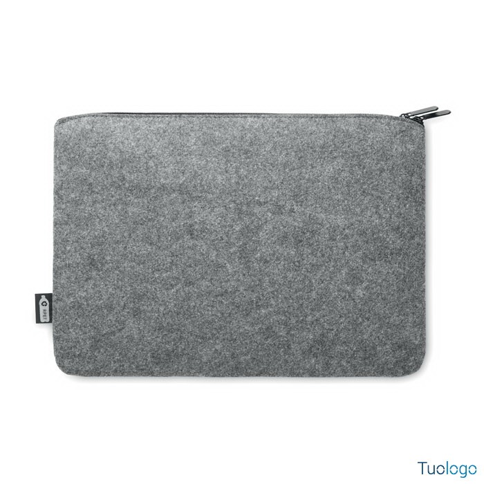 Borsa porta computer grigia con zip, su sfondo bianco