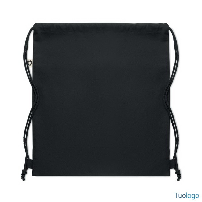 Sacca per palestra nera con cordini, su sfondo bianco